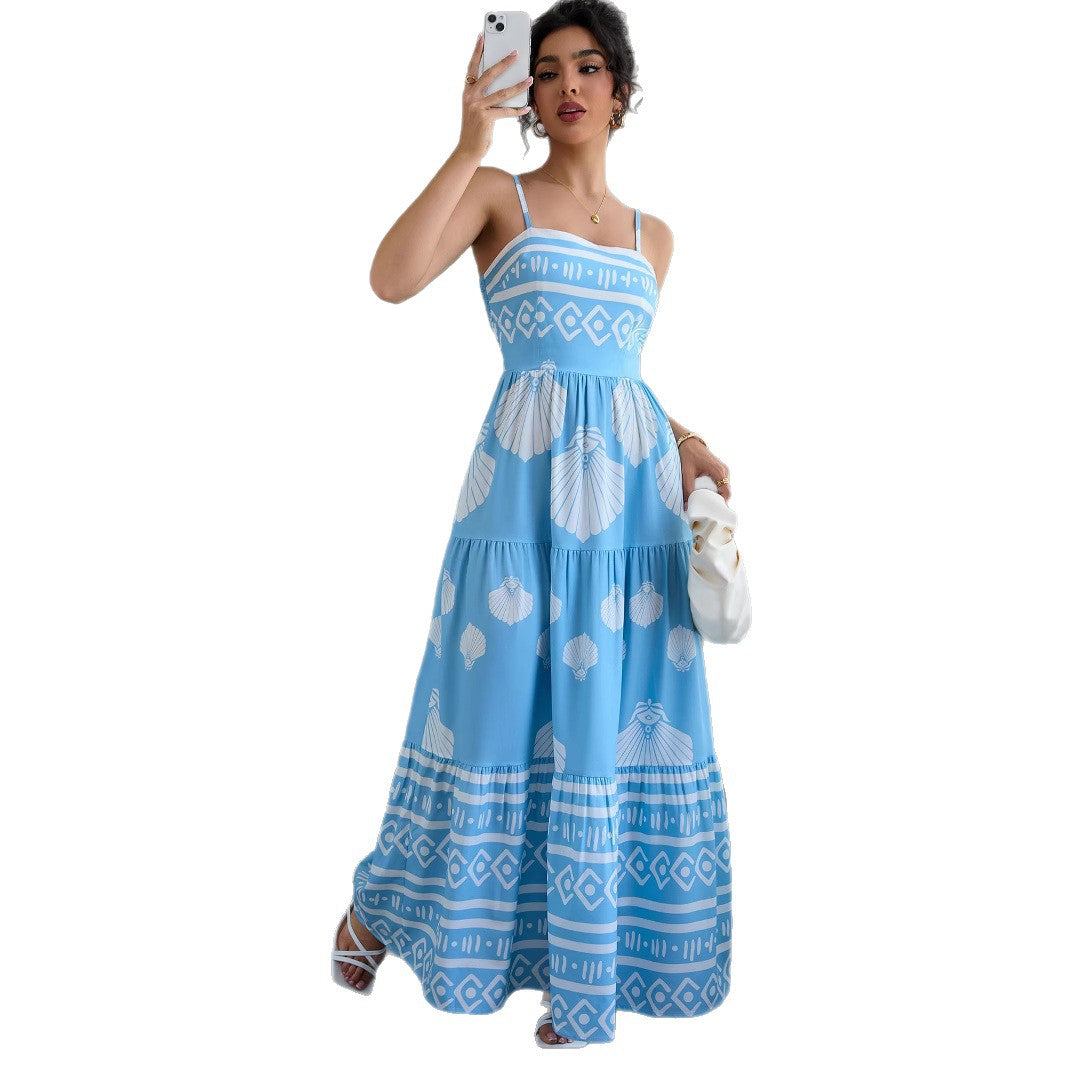 Woman wearing Ethnic Print Strapless A-Line Maxi Dress in a summer setting