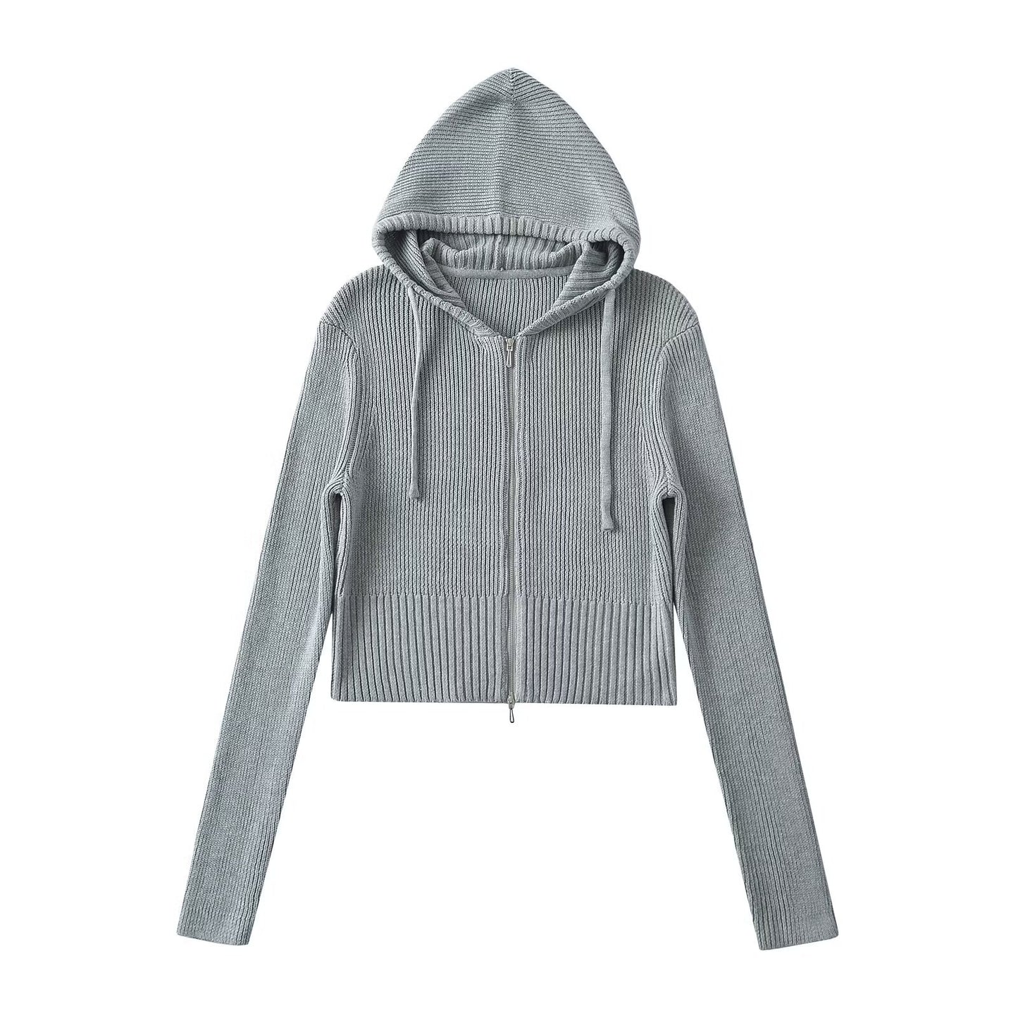 Woman wearing Hooded Half-Zip Slim Fit Sweater in a stylish office setting