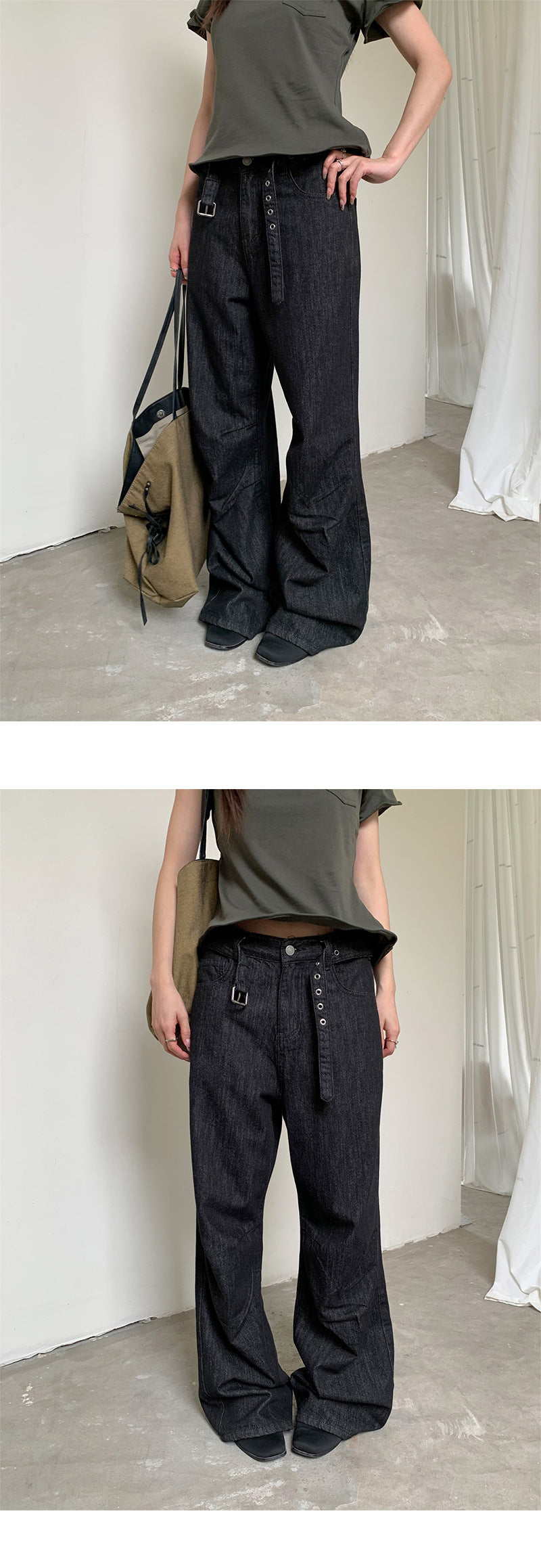 Raw Denim Faux Belted Straight Leg Jeans | Tajstylo
