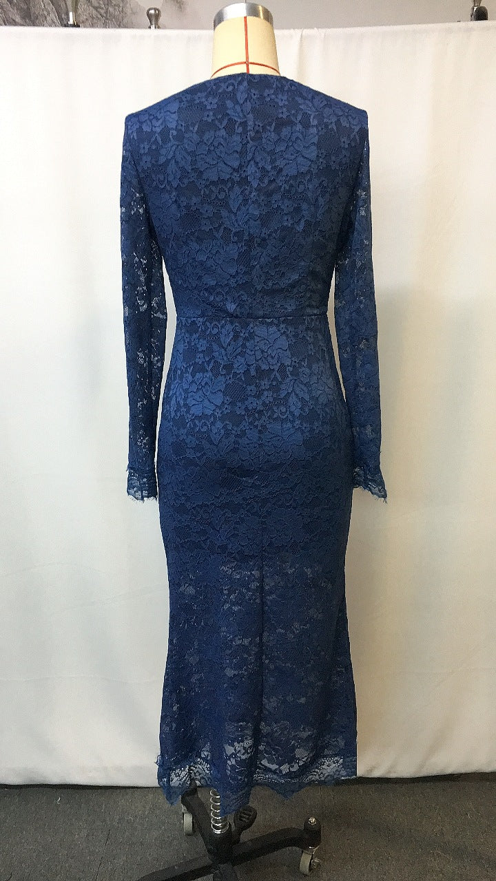 Lace Spliced V Neck Long Sleeve Bodycon Dress | Tajstylo