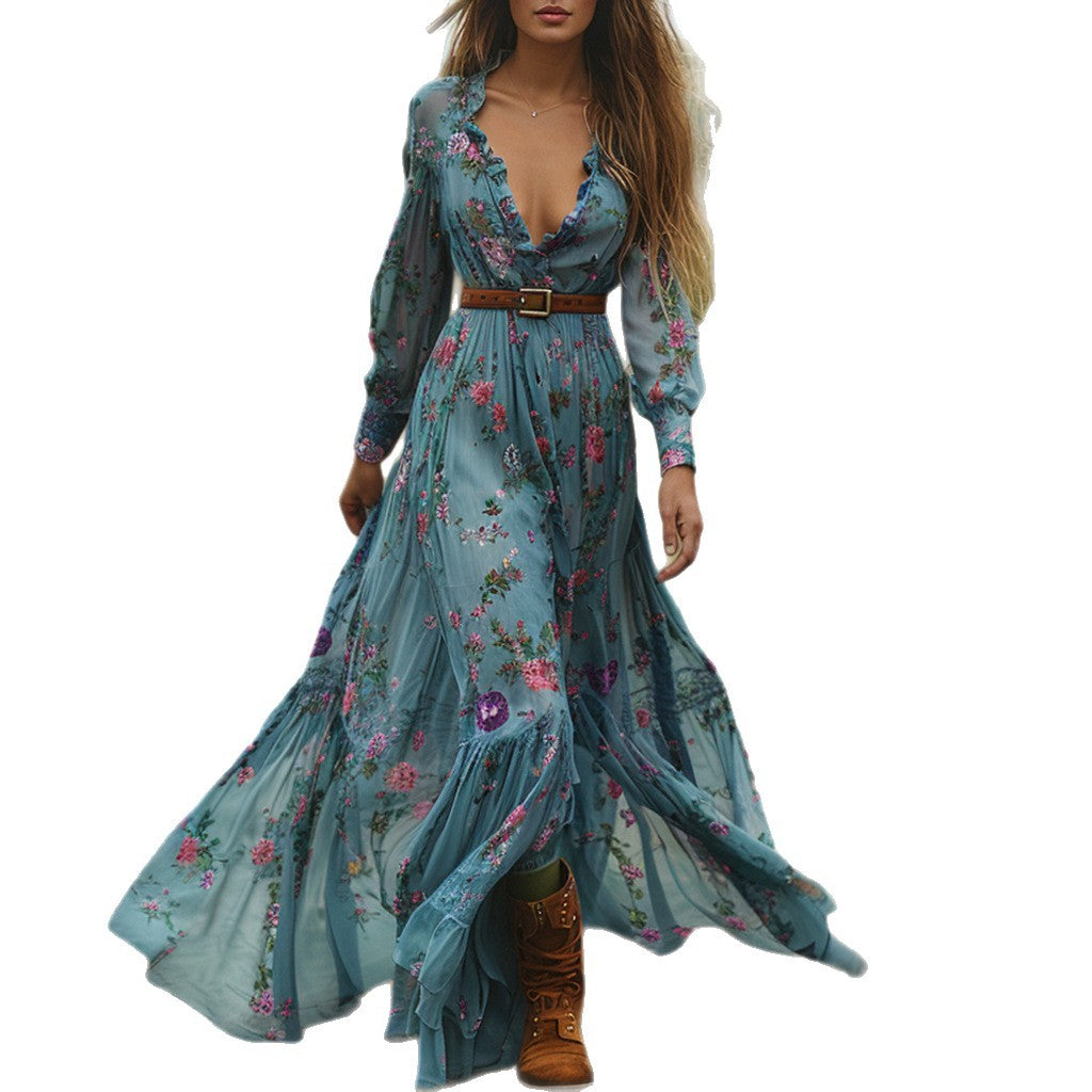 Autumn Vintage Floral V Neck A Line Dress Blue – TajStylo