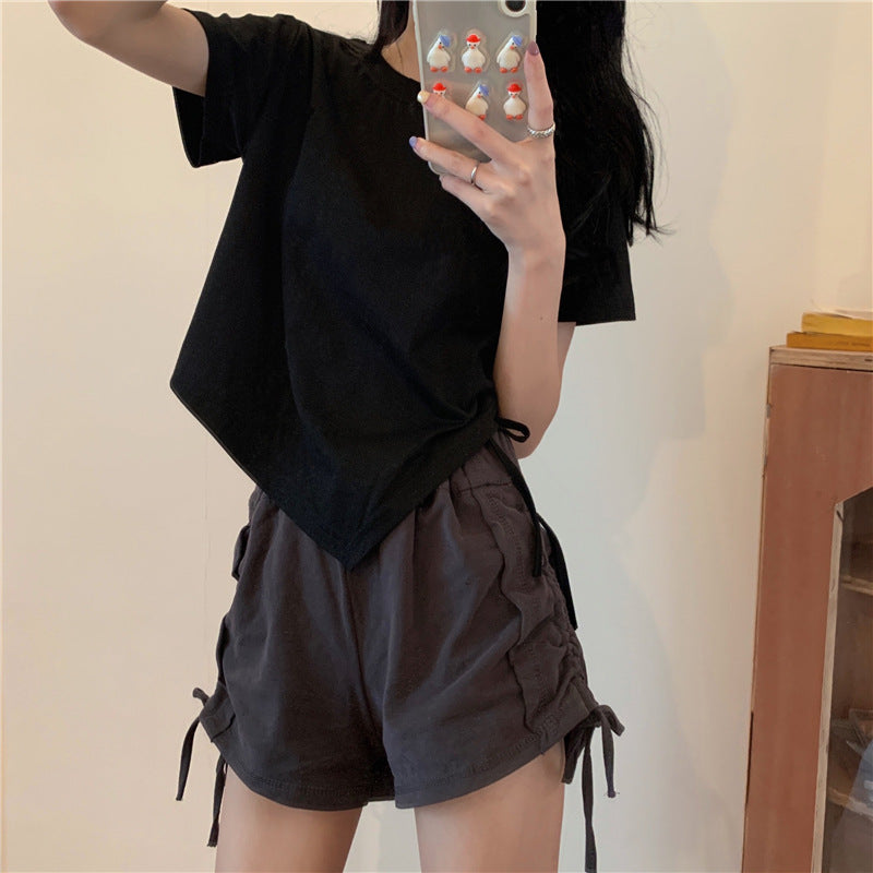 Irregular Drawstring Cropped T-Shirt | Tajstylo