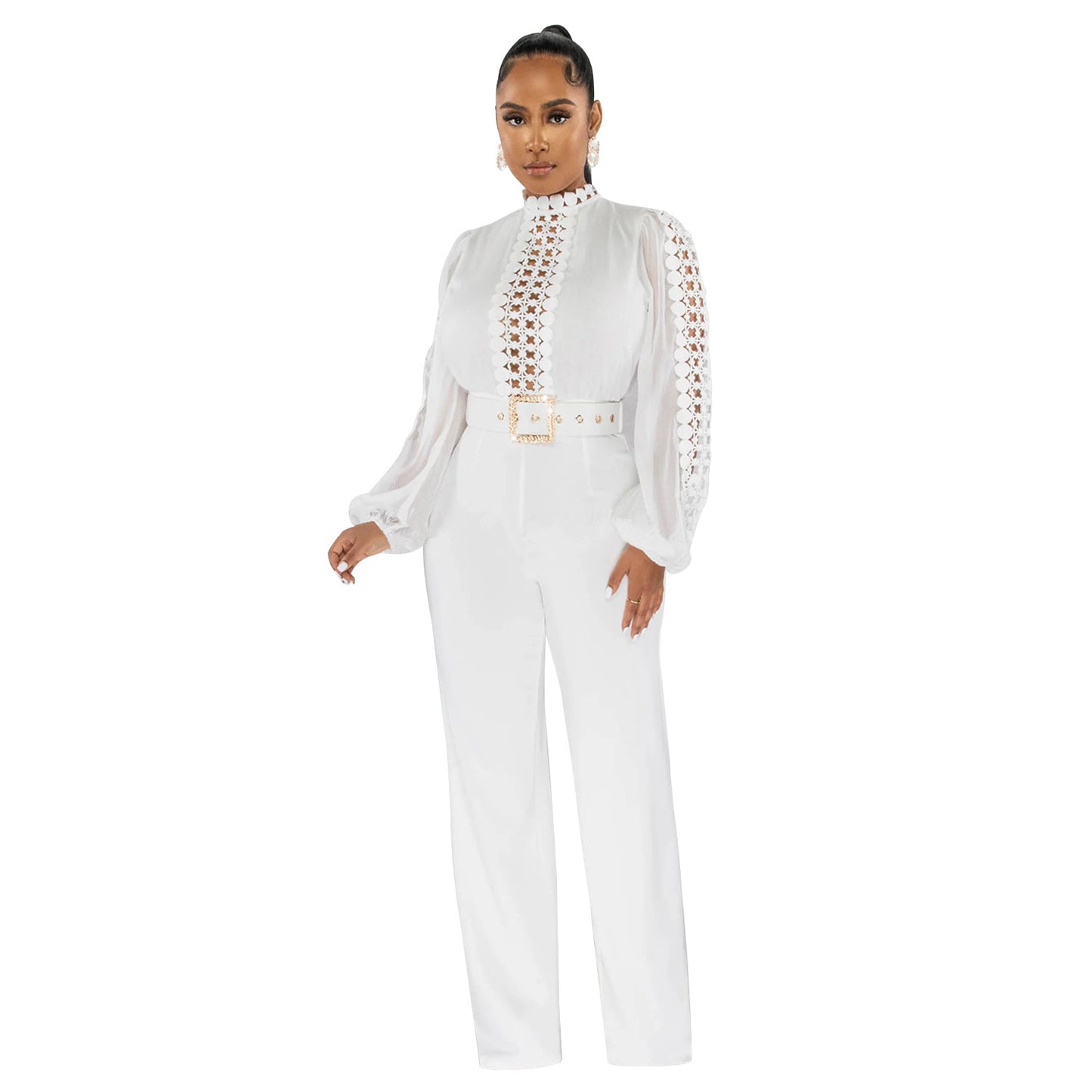 Woman wearing Belted Ruffle Cut-Out Full Length Jumpsuit in a stylish setting