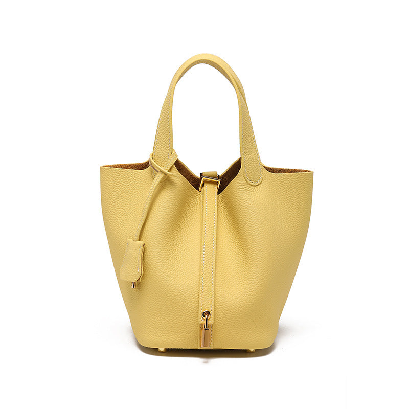 Women's Top Grain Cowhide Leather Bucket Bag – Model View | TajStylo