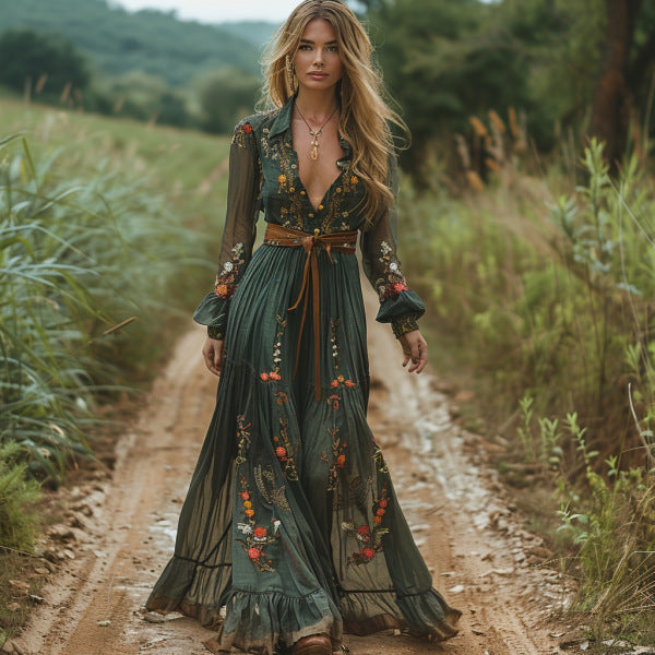 Retro Countryside Floral Print V Neck Long Sleeve Dress | Tajstylo