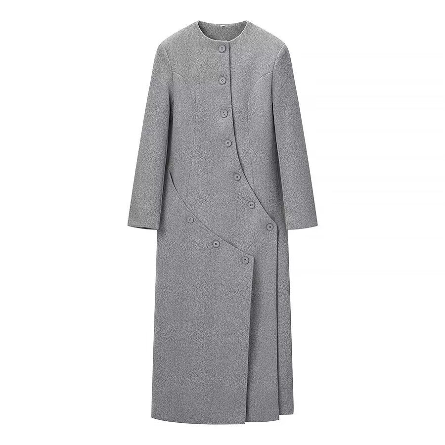 Commuting Style Elegant Long Grey Coat With Multi Button Closure For City Life And Durable Polyester Warmth
