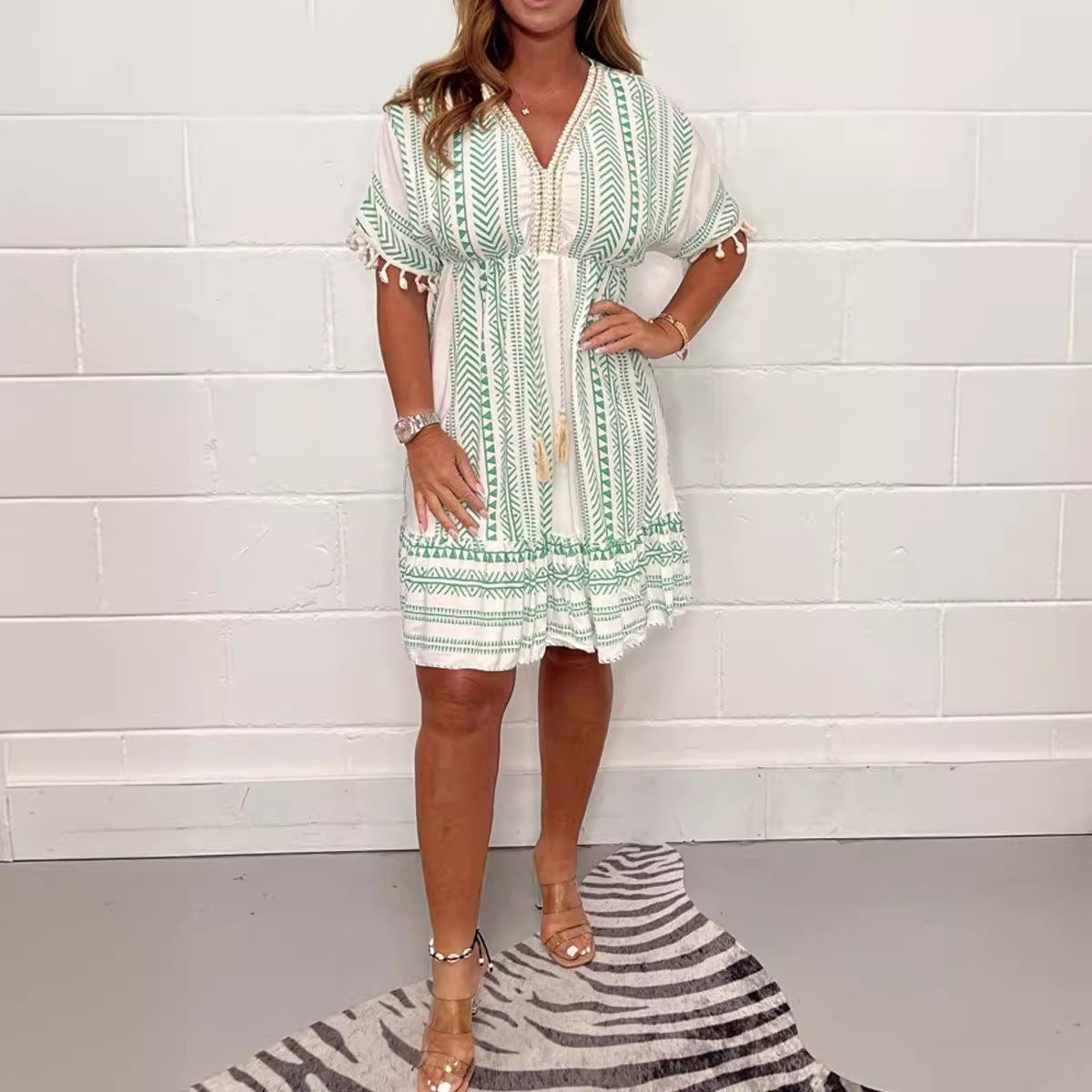 Printed Lace Trim V Neck Short Sleeve Dress | Tajstylo