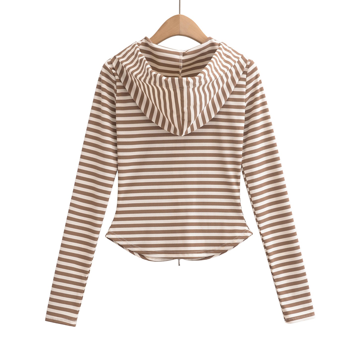 Woman wearing Hooded Stripe Half-Zip Cardigan in a casual setting