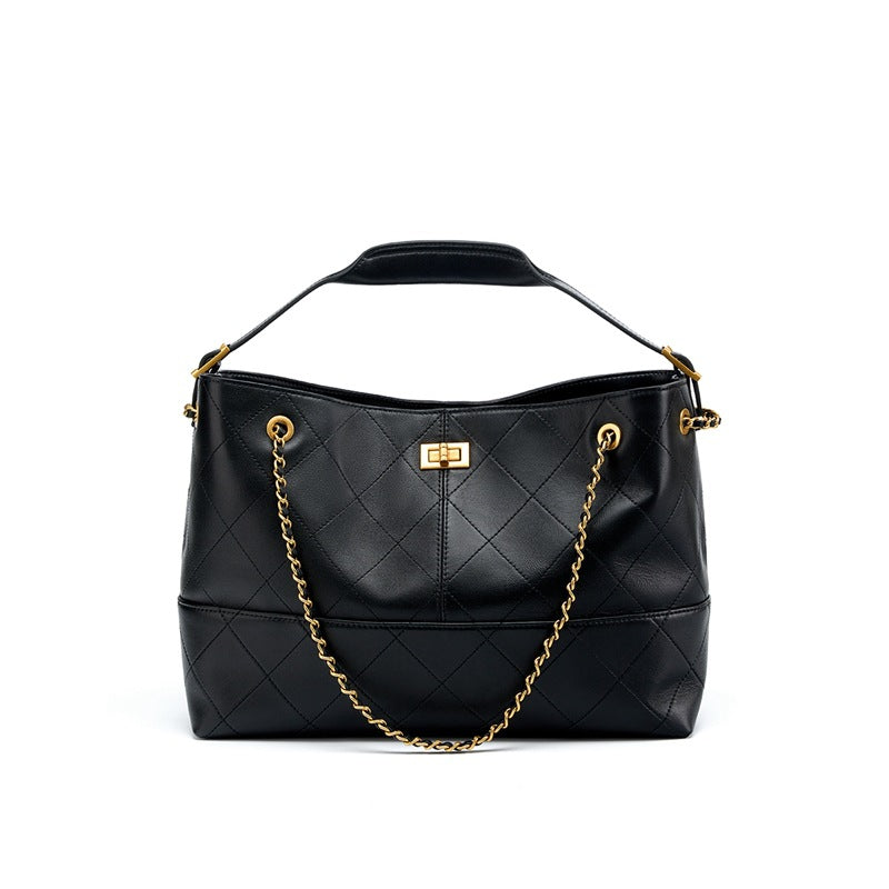 Women's Large Genuine Leather Frosted Suede Chain Shoulder Crossbody Tote Bag – Model View | TajStylo