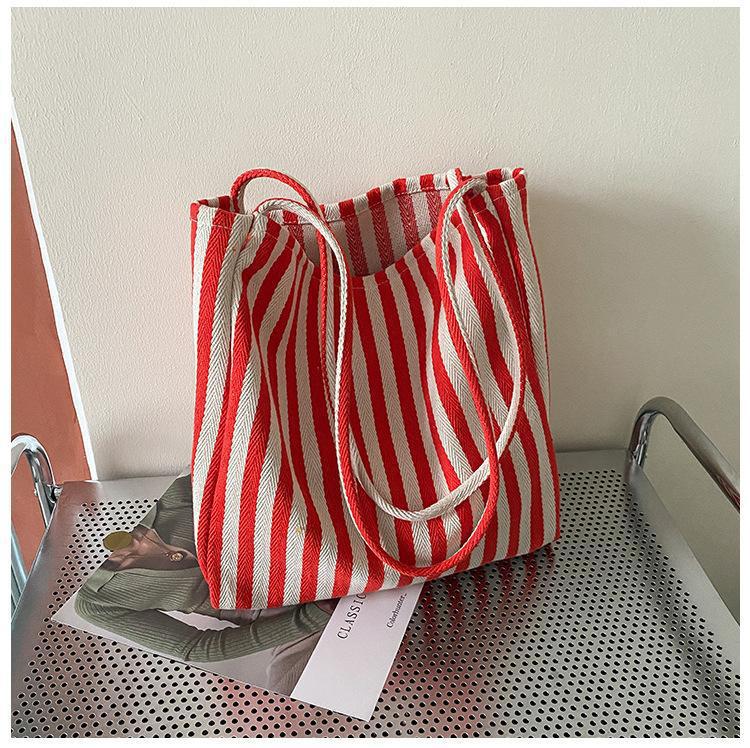 Women's Minimalist Stripe Canvas Large Capacity Shoulder Tote Bag – Full Look | TajStylo
