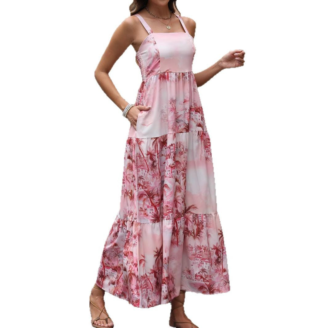 Woman wearing Strapless Coconut Tree Print Boho Beach Maxi Dress in a tropical beach setting