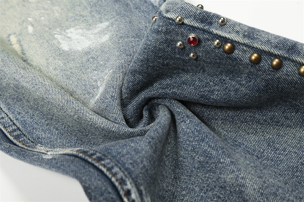 Distressed Blue Punk Straight Fit Jeans | Tajstylo