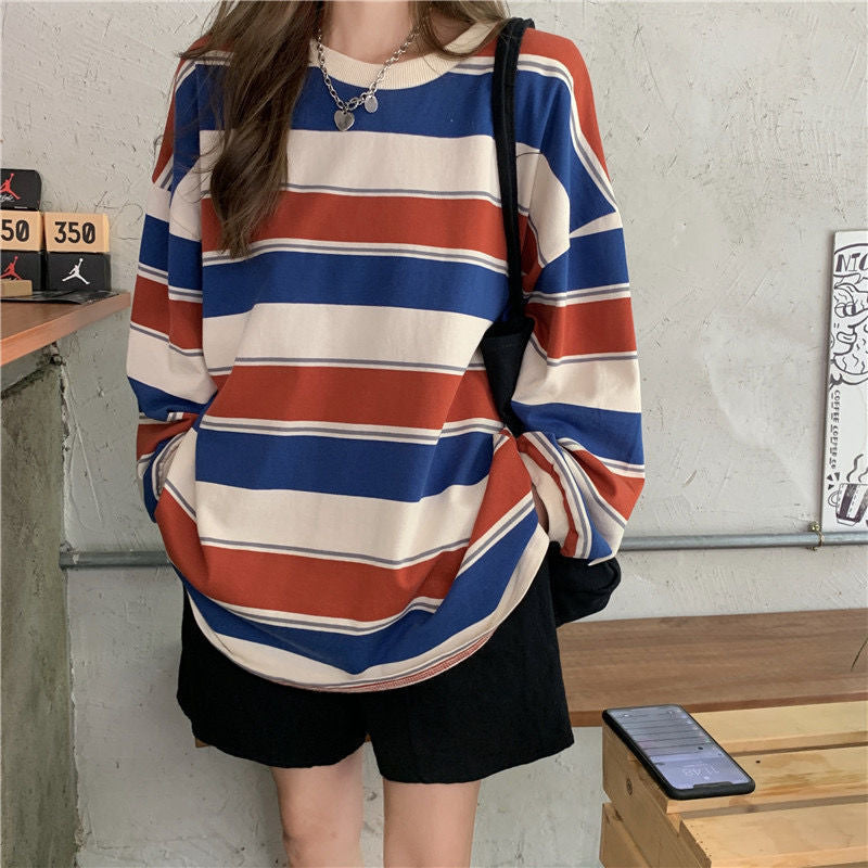 Casual Loose Stripe Long Sleeve T-Shirt | Tajstylo