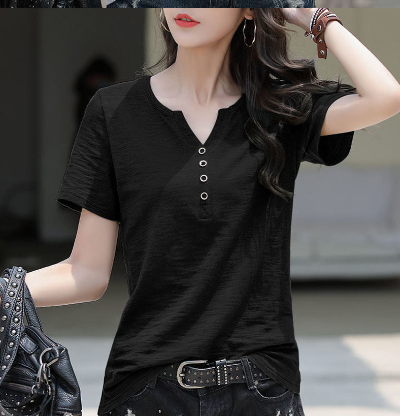Loose Plus Size V-Neck Short Sleeve Casual T-Shirt | Tajstylo