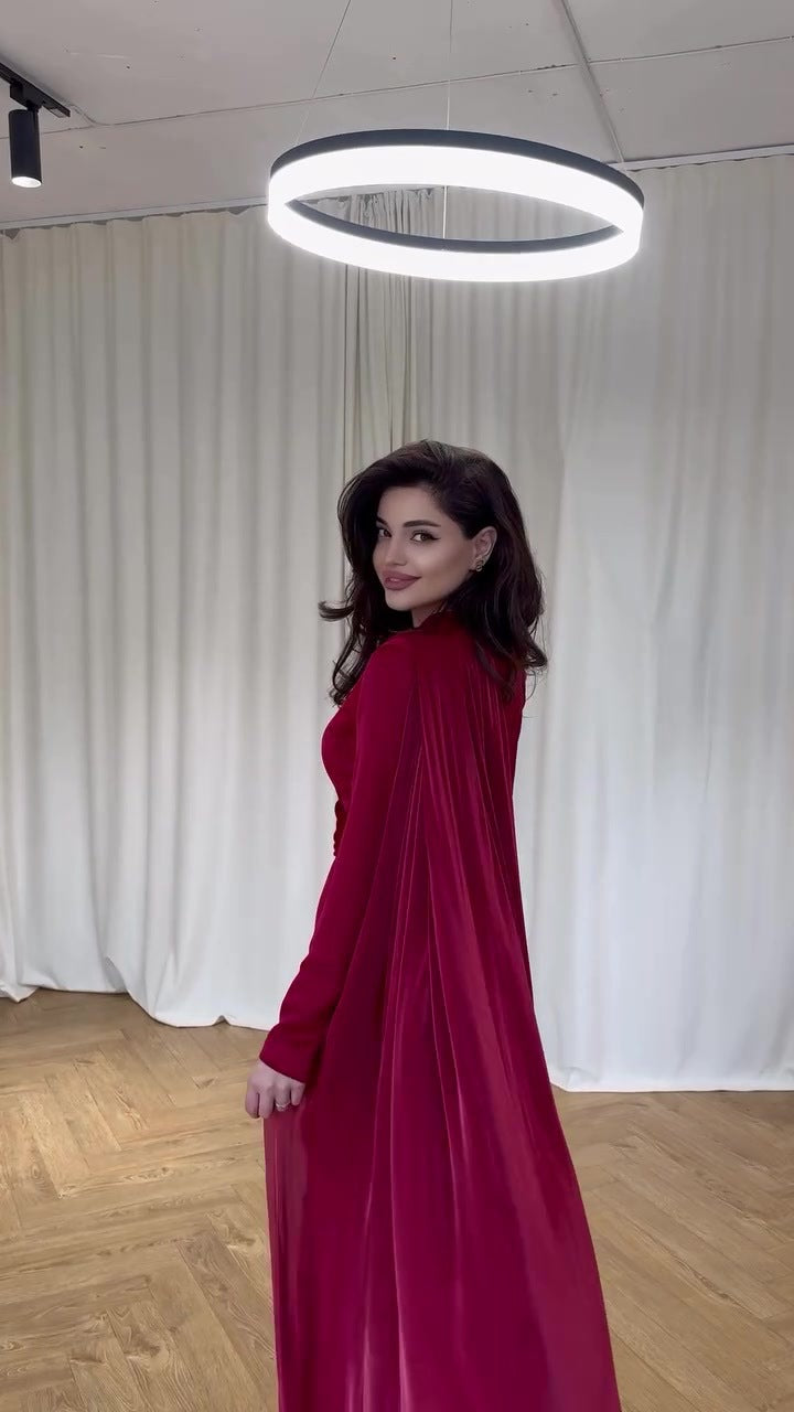 Velvet Cape Long Sleeve Dress | Tajstylo