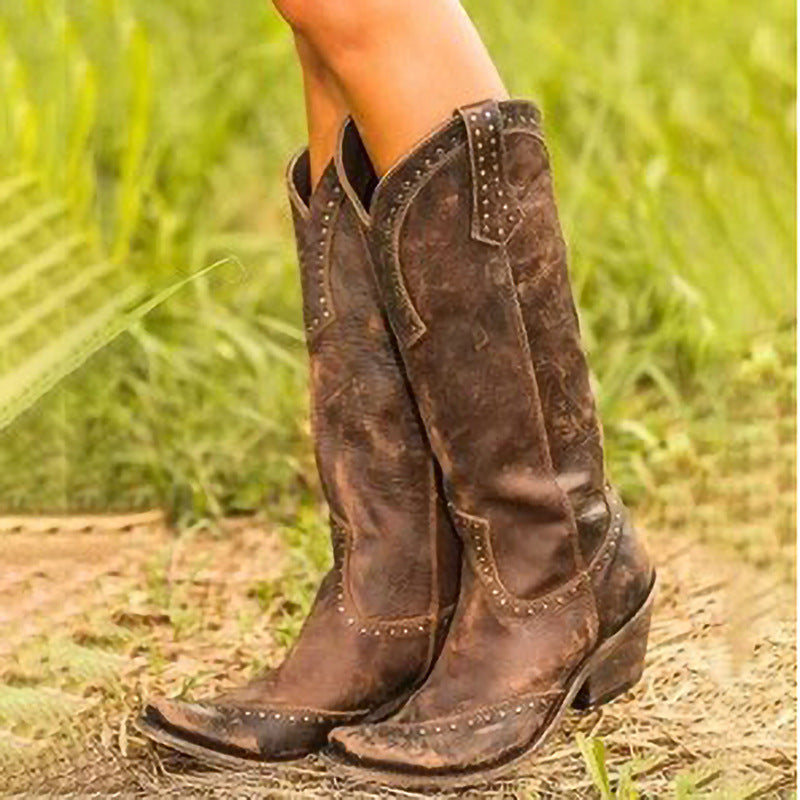 Women's Retro Rivet-Detail PU Leather Side-Zip Chunky Heel Long Boots – Model View | TajStylo