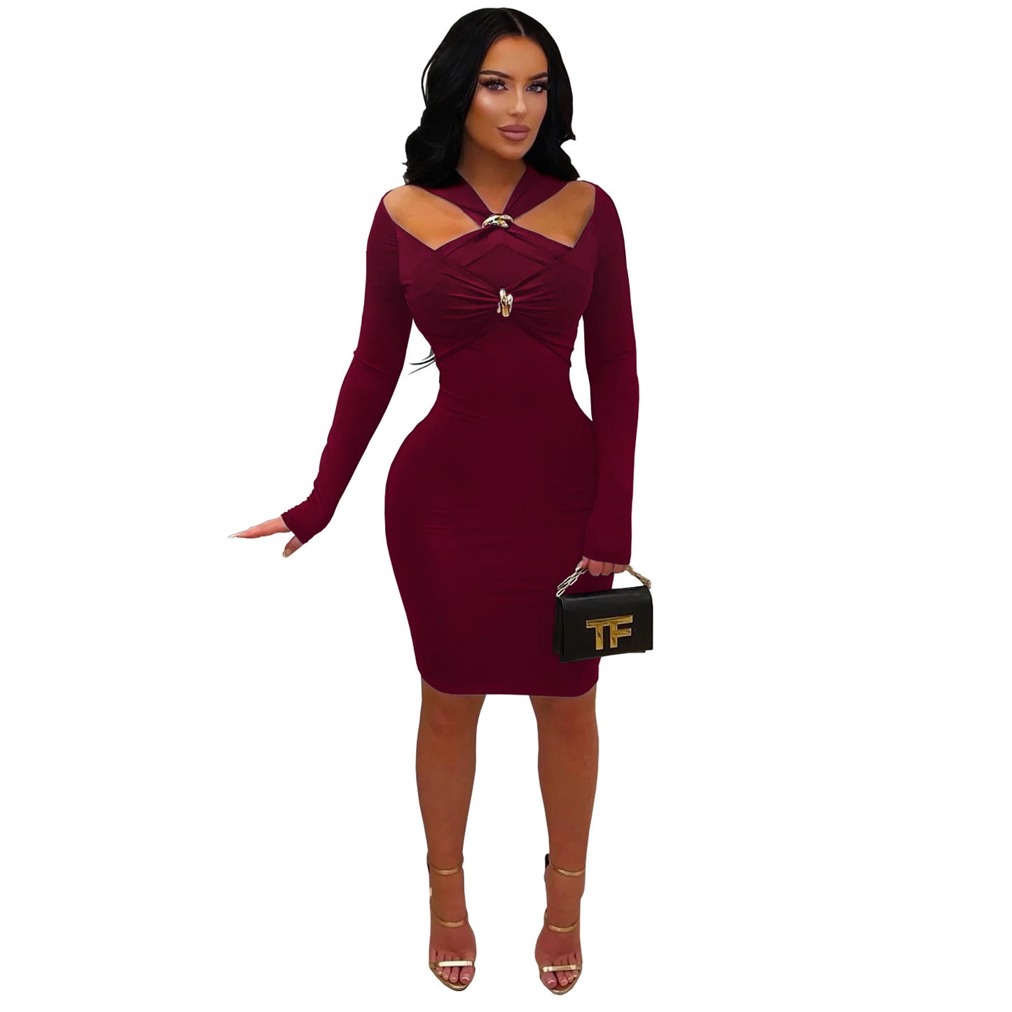 Woman wearing Solid Colour V-Neck Bodycon Midi Dress in a chic setting