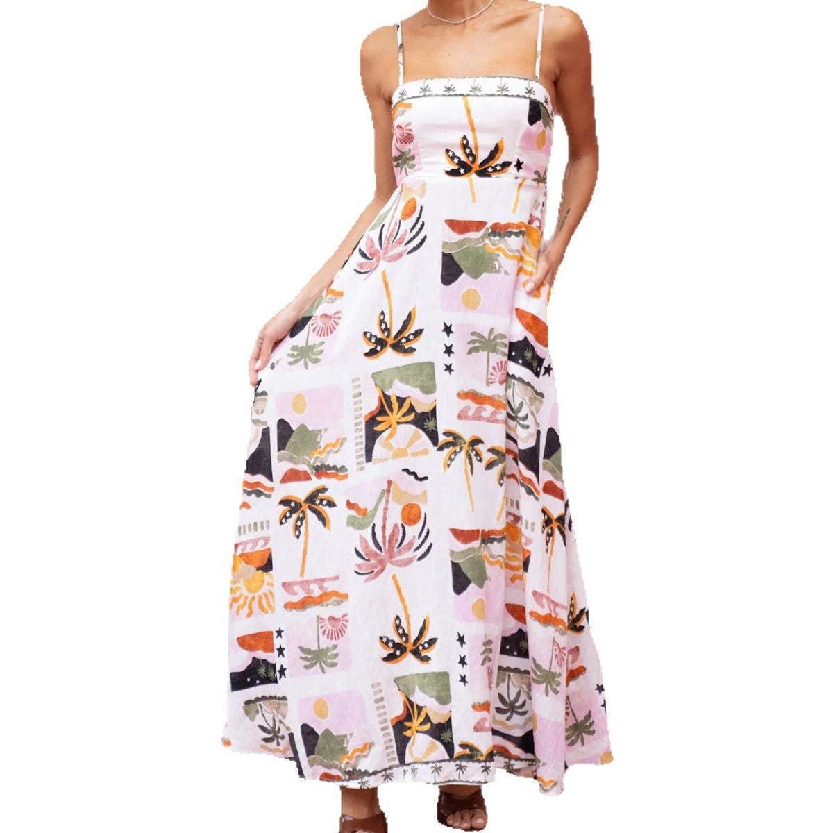 Woman wearing Floral Print Drawstring Waist Maxi Dress in a sunny beach setting