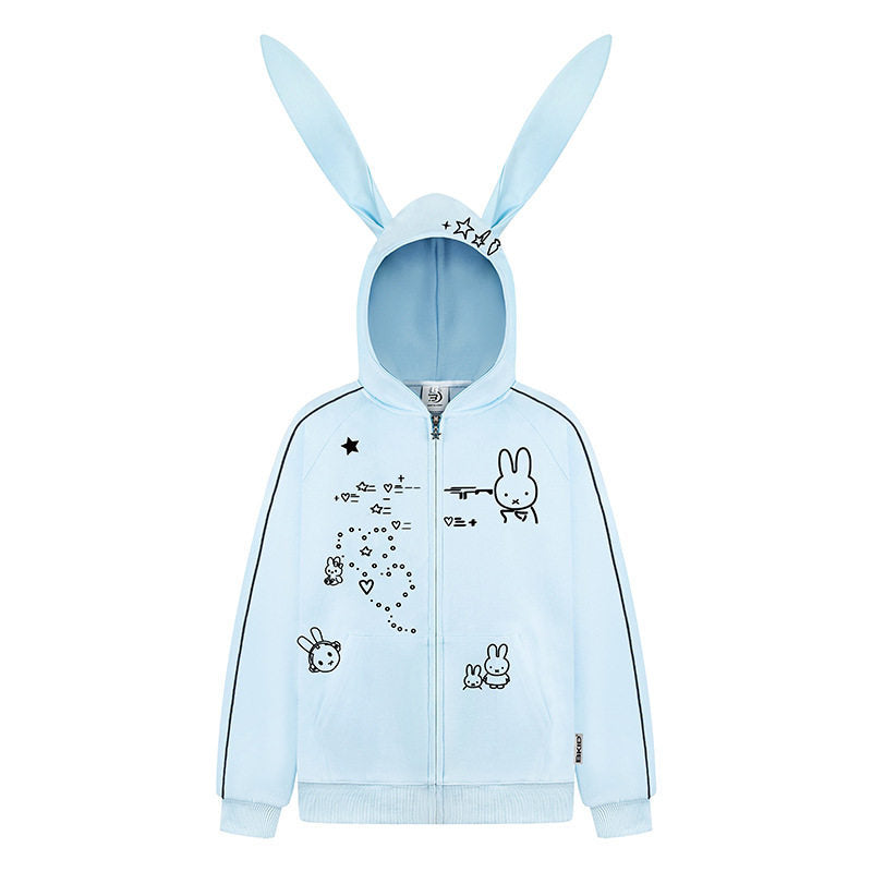 Woman wearing Embroidery Long Ear Hooded Zip-Up Hoodie in casual street setting