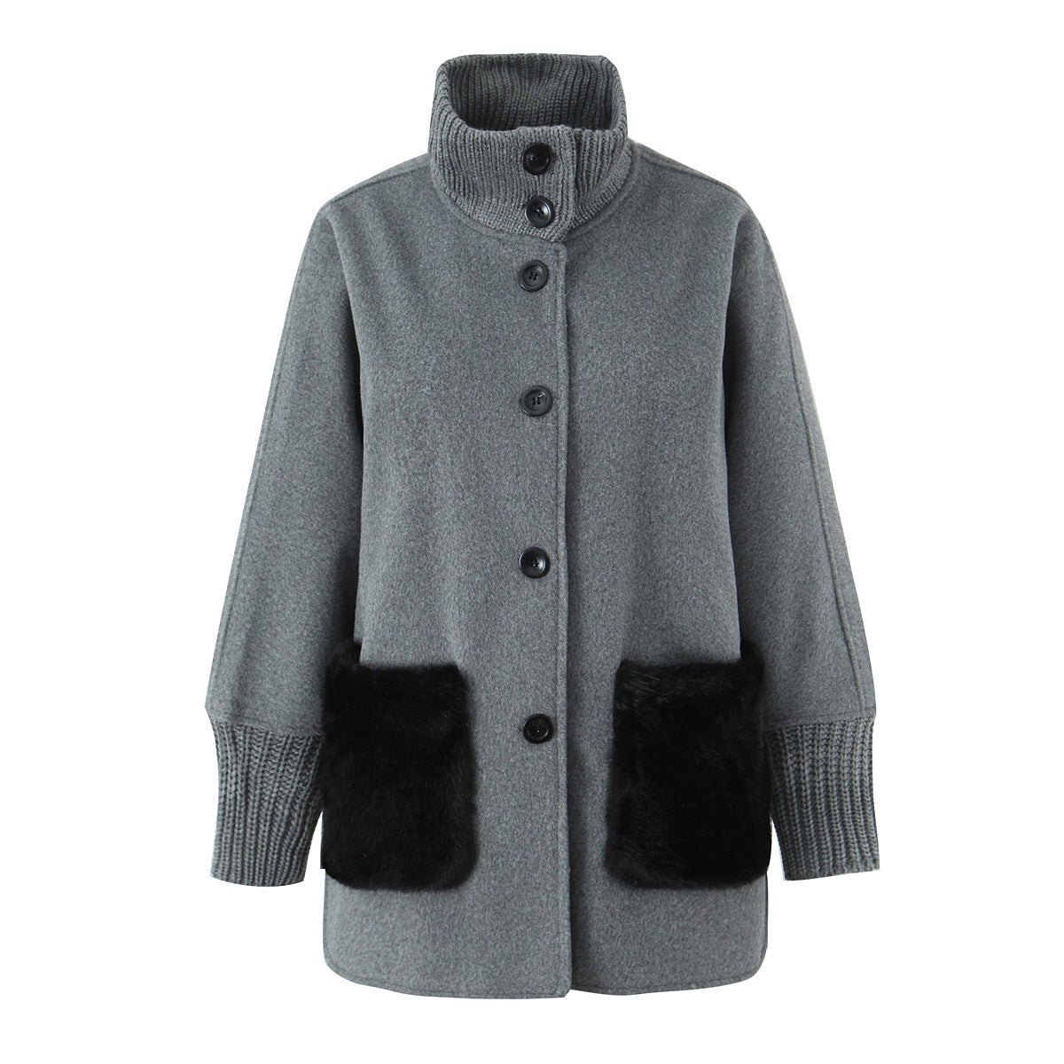 Woman wearing Stand Collar Knitted Patchwork Jacket in a casual setting