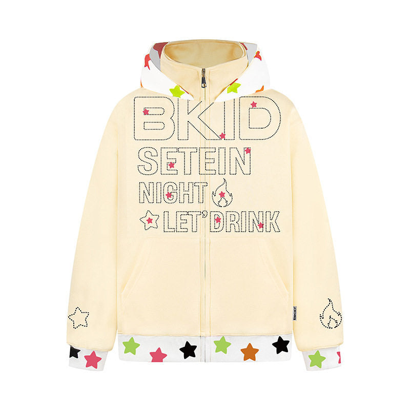 Woman wearing Patchwork Hooded Zip-Up Sweatshirt in a casual street setting