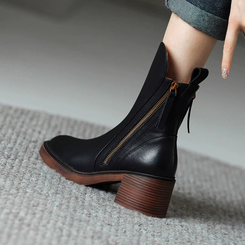 Women's Retro Double-Zip Thick Heel High-Heel Martin Ankle Boots – Full Look | TajStylo