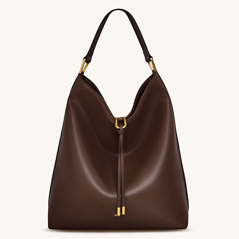 Women's Large Capacity Genuine Leather Soft Shoulder Armpit Tote Bag – Model View | TajStylo