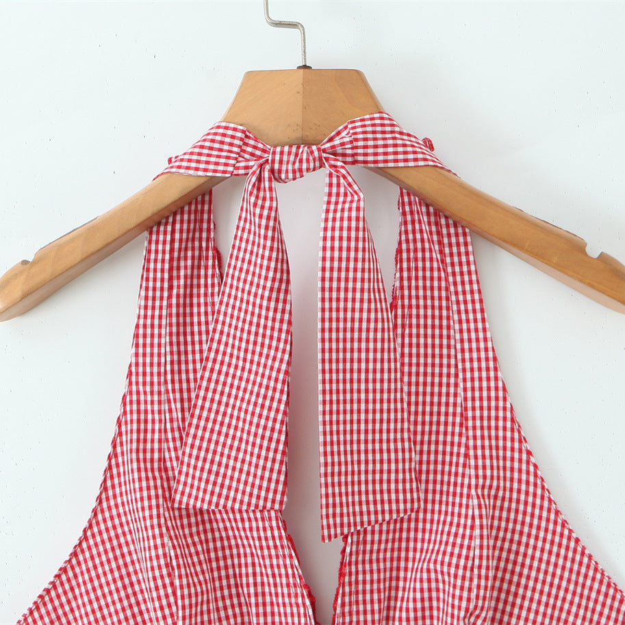 Red Plaid Halter Neck Sleeveless Short Dress | Tajstylo