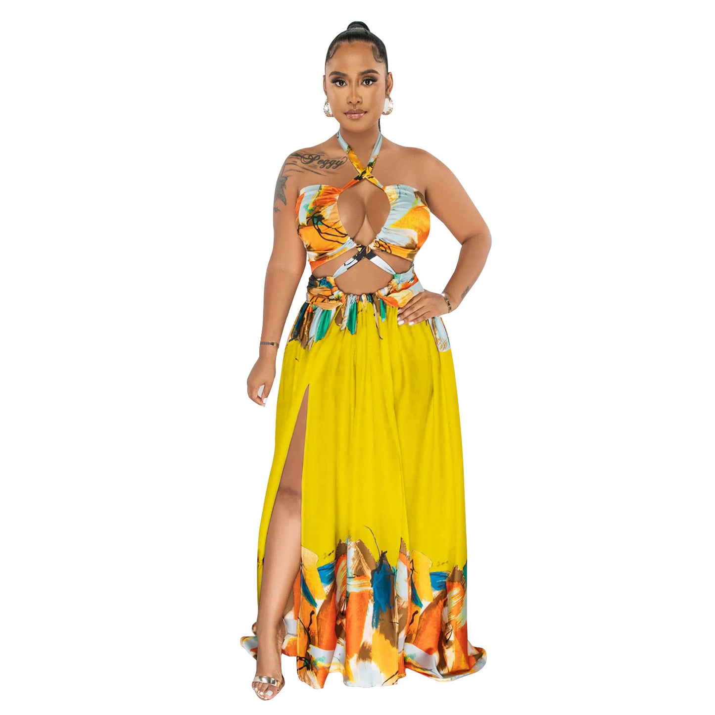 Woman wearing Tie-Front Sleeveless Wrap Bodycon Maxi Dress in a sunny outdoor setting