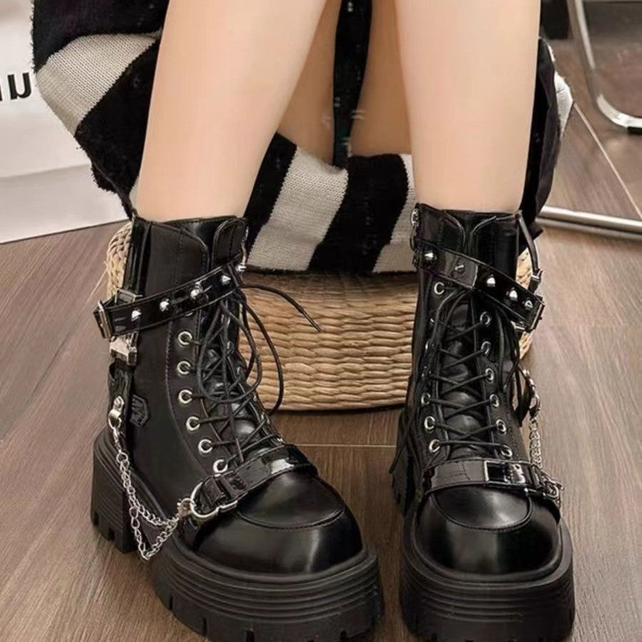 Women's Thick Sole Classic Black Martin Ankle Boots – Back View | TajStylo
