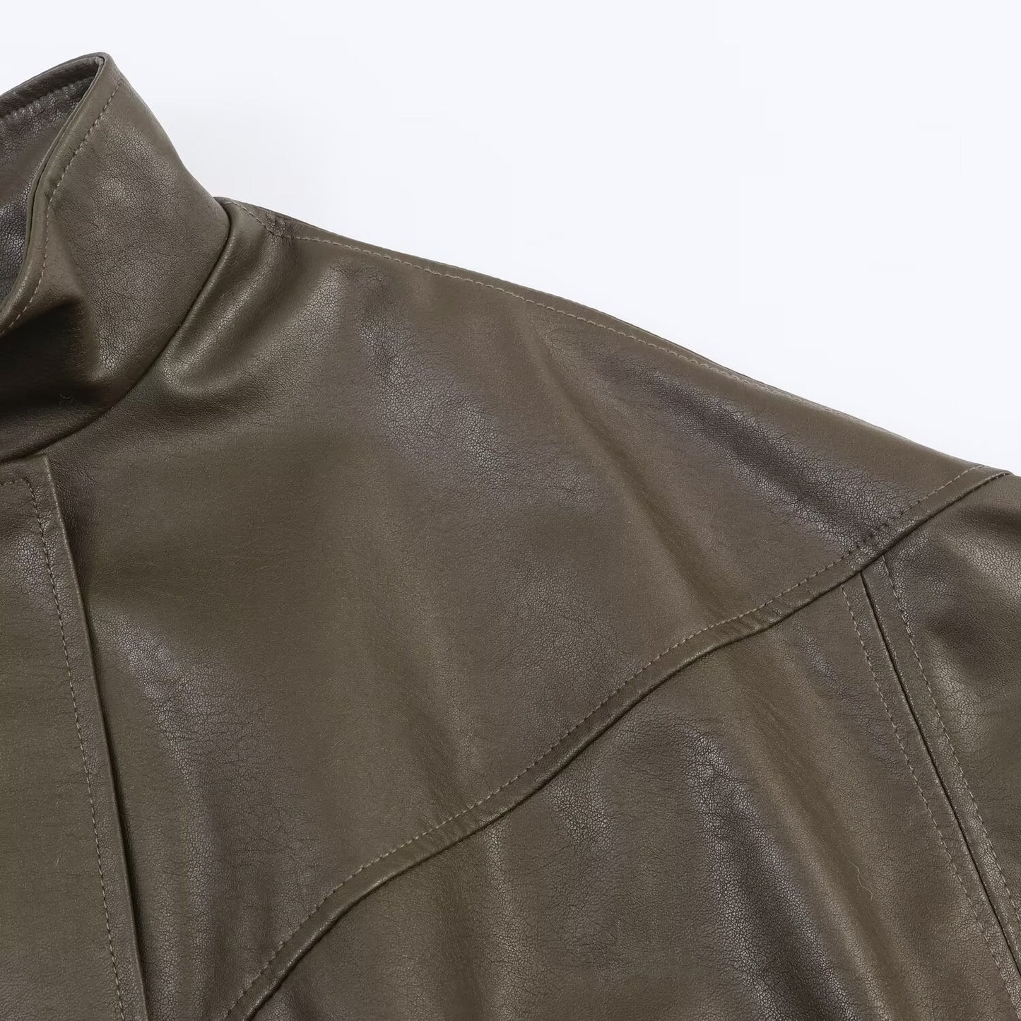 Woman wearing Faux Leather Stand Collar Pilot Jacket in a city setting