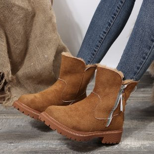 Women's Warm Faux Fur-Lined Thick Sole Mid-Calf Winter Snow Boots – Model View | TajStylo