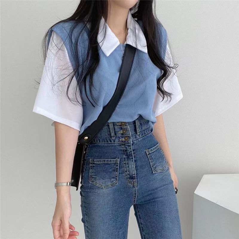 Two Tone Polo Neck Short Sleeve Top | Tajstylo