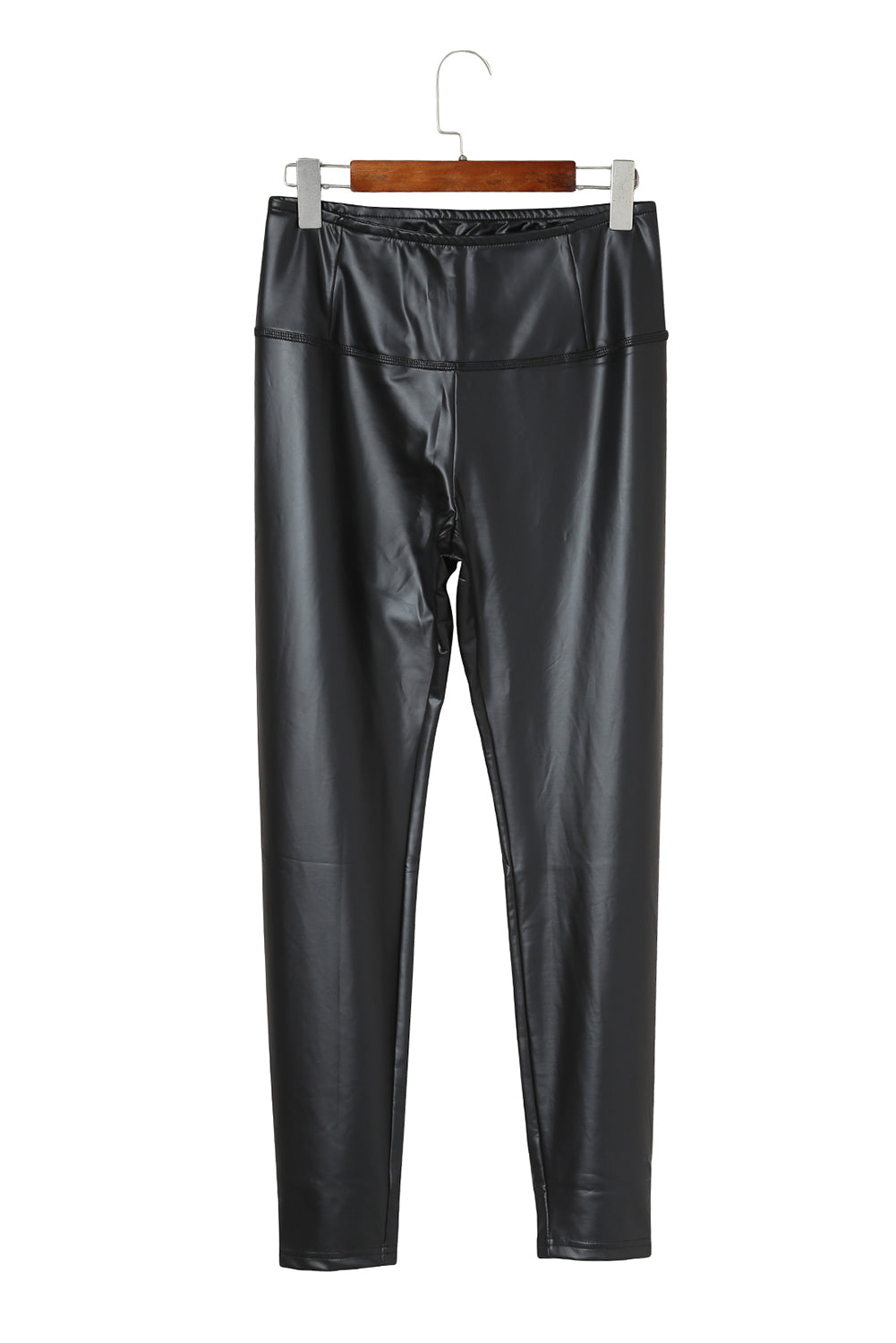 Woman wearing Black Faux Leather High Waist Leggings in a trendy urban setting