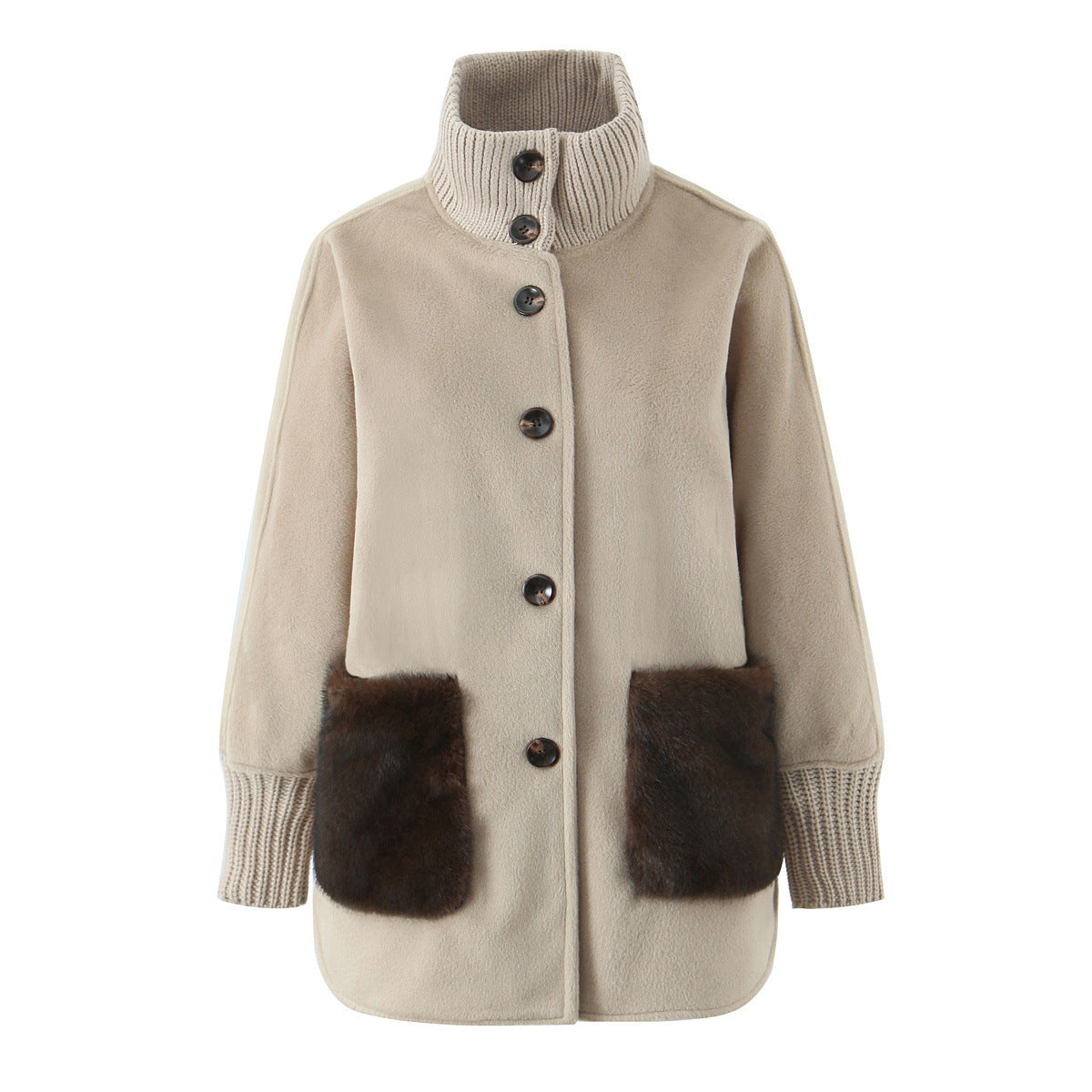 Woman wearing Stand Collar Knitted Patchwork Jacket in a casual setting