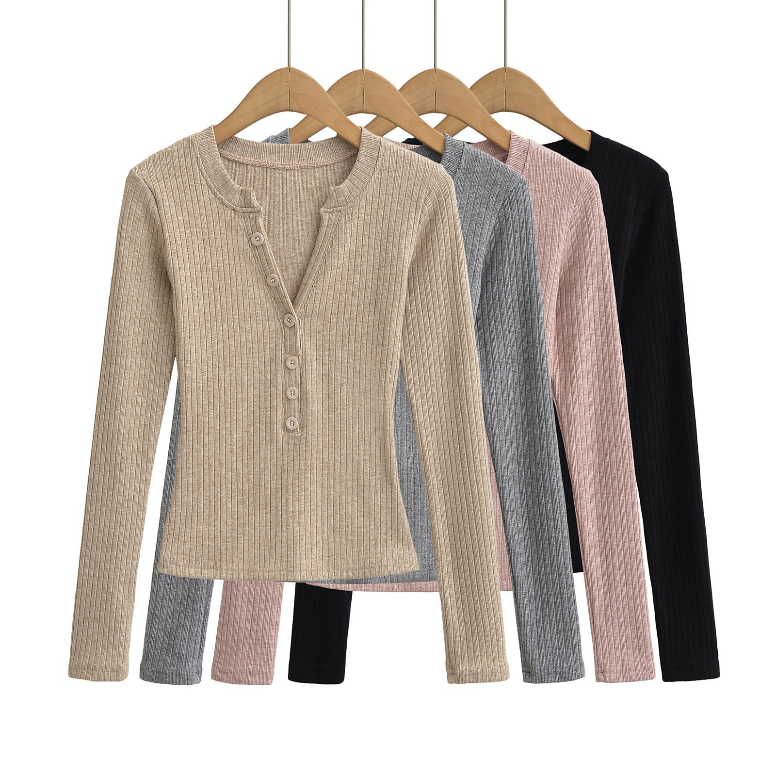 Woman wearing Women's V Neck Long Sleeve Slim Top in a casual setting