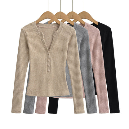 Woman wearing Women's V Neck Long Sleeve Slim Top in a casual setting