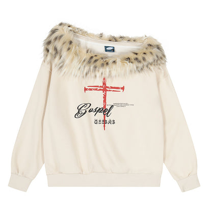 Woman wearing Faux Fur Collar Asymmetrical Crop Top in an urban setting