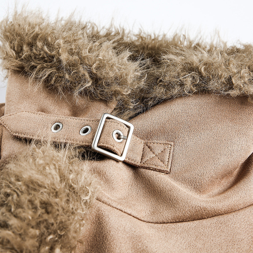 Woman wearing Fur Integrated Cotton Jacket in an urban setting