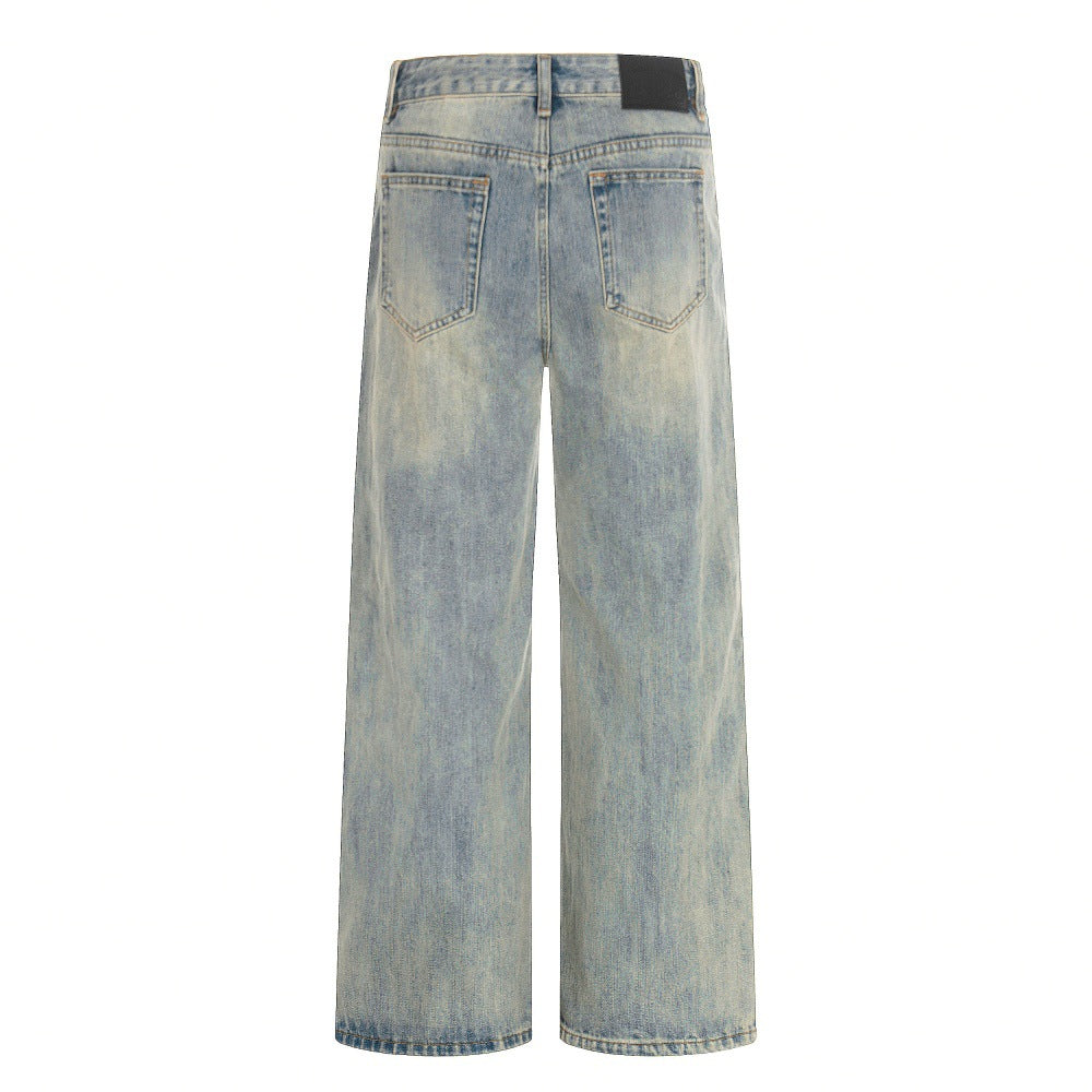 Woman wearing Washed Distressed Denim Straight Leg Pants in an urban setting