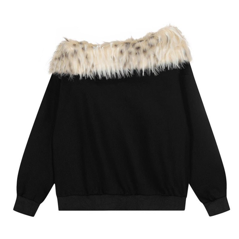 Woman wearing Faux Fur Collar Asymmetrical Crop Top in an urban setting