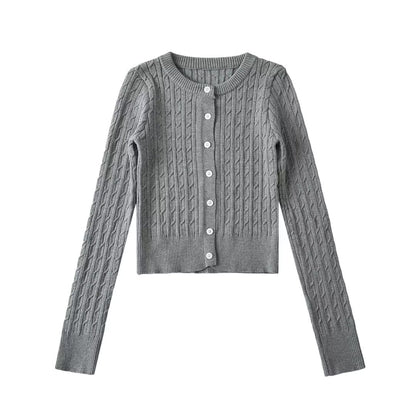 Woman wearing Round Neck Long Sleeve Cardigan Sweater in a stylish setting