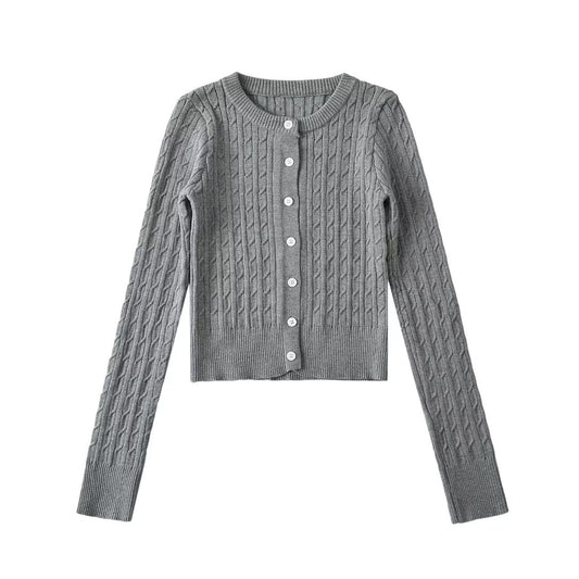 Woman wearing Round Neck Long Sleeve Cardigan Sweater in a stylish setting