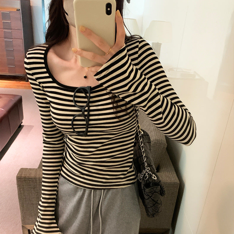 Woman wearing Square Neck Stripe Slim Fit Long Sleeve Top in a casual setting