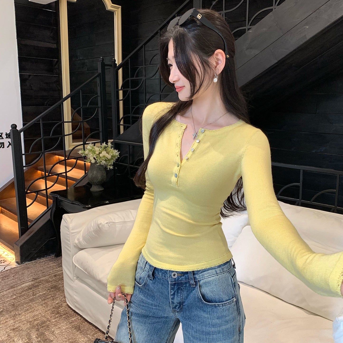 Woman wearing Long Sleeve Knit Top for Women in a casual setting