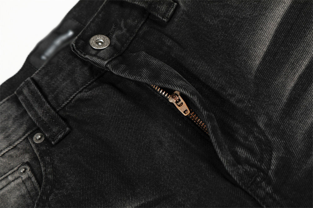 Distressed Black Washed Denim Straight Leg Pants | Tajstylo