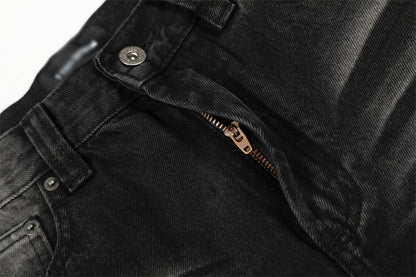 Distressed Black Washed Denim Straight Leg Pants | Tajstylo
