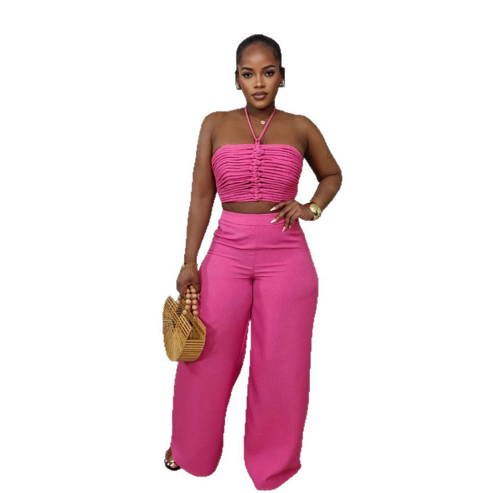 Drawstring Tie-Up Top and High Waist Loose Long Pants Set | Tajstylo