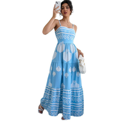 Woman wearing Ethnic Print Strapless A-Line Maxi Dress in a summer setting