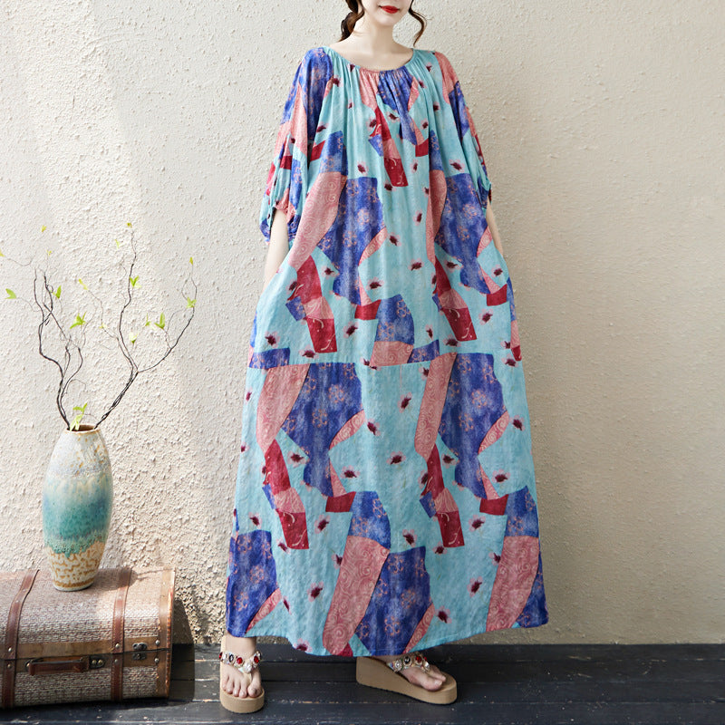 Woman wearing Multi-Color Printed Loose Dress in a sunny outdoor setting